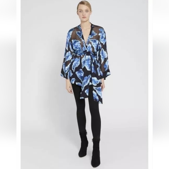 Alice + Olivia Rosario Tie Waist Blue Kimono Silk Blend Top Size Small - Picture 5 of 16